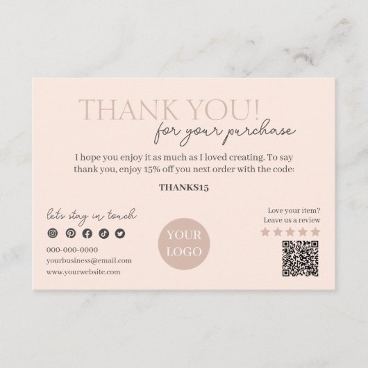 Peach Modern Script QR Code, Danke Business Begleitkarte (Vorderseite)