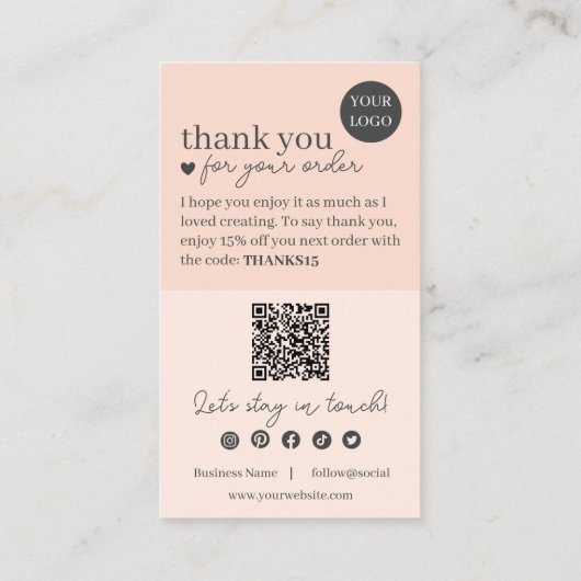 Peach Modern Script QR Code, vielen Dank Visitenkarte (Rückseite)