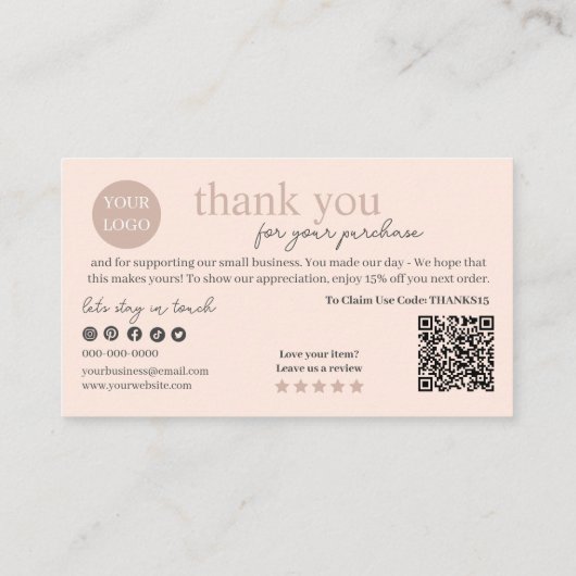 Peach Modern Script QR Code, vielen Dank Visitenkarte (Rückseite)