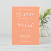 Peach Modern Signature Script Foto Hochzeit Einladung (Stehend Vorderseite)