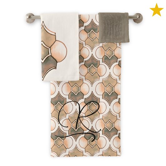 Peach Monogram Watercolor Geometric Pattern Badhandtuch Set