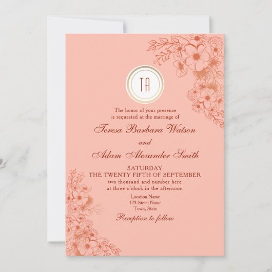 Peach Monogram Wedding Einladung (Vorderseite)