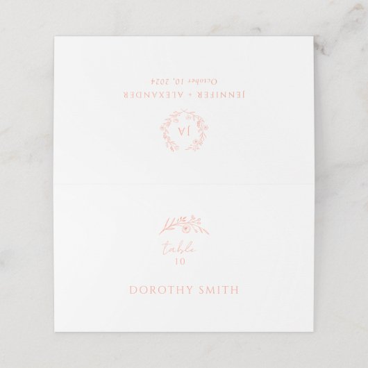 Peach Monogram Wedding Platzkarte (Außenseite Aufgefaltet)