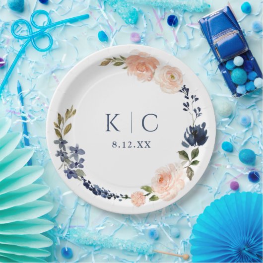 Peach & Navy Blue Botanic Garden Brautparty Pappteller (Party)