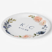 Peach & Navy Blue Botanic Garden Brautparty Pappteller (Schrägansicht)