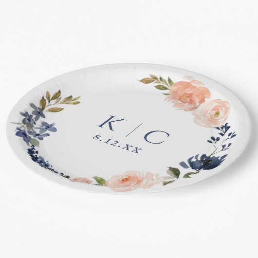 Peach & Navy Blue Botanic Garden Brautparty Pappteller (Schrägansicht)