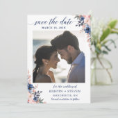 Peach Navy Blue Floral Foto Save the Date Card (Stehend Vorderseite)