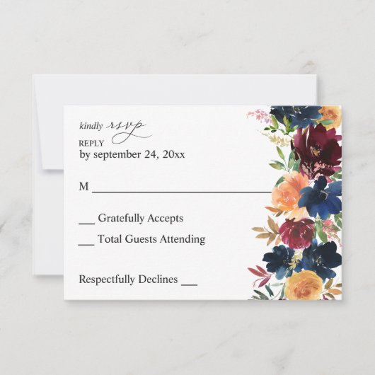 Peach, Navy, Burgund Floral no Meal RSVP Card (Vorderseite)