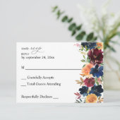 Peach, Navy, Burgund Floral no Meal RSVP Card (Stehend Vorderseite)