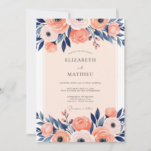Peach Navy Illustrative Spring Wedding Einladung (Vorderseite)