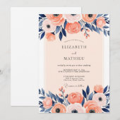 Peach Navy Illustrative Spring Wedding Einladung (Vorne/Hinten)