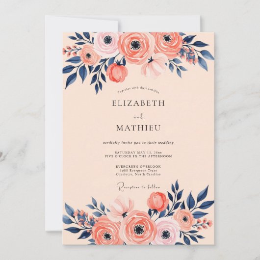Peach Navy Romantic Spring Wedding Einladung (Vorderseite)