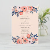 Peach Navy Romantic Spring Wedding Einladung (Stehend Vorderseite)