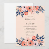 Peach Navy Romantic Spring Wedding Einladung (Vorne/Hinten)