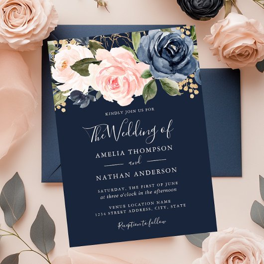 Peach Navy Wasserfarbe Florals Hochzeitsempfehlung Einladung