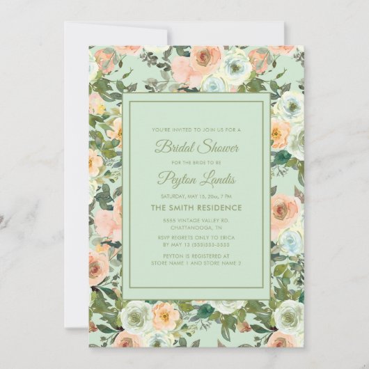 Peach Neo Mint Dusty Blue Floral Brautparty Einladung (Vorderseite)