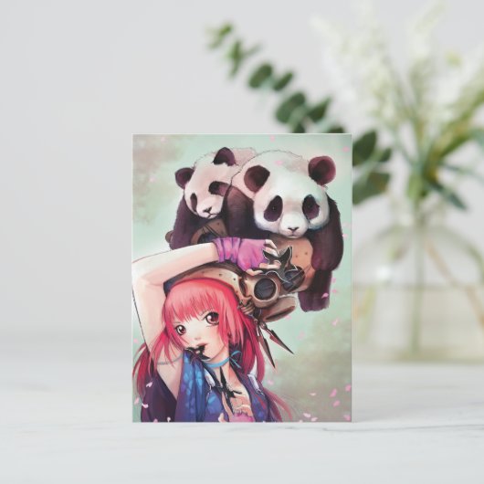 Peach Ninja Pandas Postcard Postkarte (Stehend Vorderseite)
