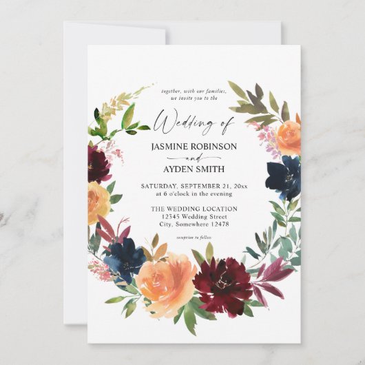 Peach Orange, Burgund & Navy Fall Floral Wedding Einladung (Vorderseite)