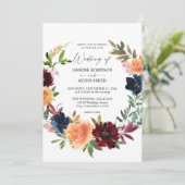 Peach Orange, Burgund & Navy Fall Floral Wedding Einladung (Stehend Vorderseite)