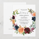 Peach Orange, Burgund & Navy Fall Floral Wedding Einladung (Vorne/Hinten)