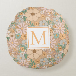 Peach Orange Floral | Monogram persnalize Rundes Kissen
