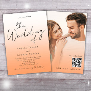 Peach Orange Fuzz Elegantes Foto QR Code Hochzeit Einladung