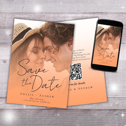 Peach Orange Fuzz Foto Elegantes Skript Hochzeit Save The Date