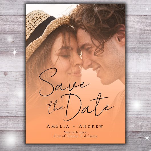 Peach Orange Fuzz Foto Elegantes Skript Hochzeit Save The Date