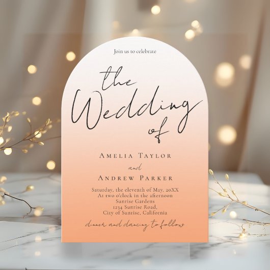 Peach Orange Fuzz Script Eleganter QR Code Hochzei Einladung