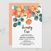 Peach Orange Greenery Frühjahr Blume 21. Geburtsta Einladung (Vorne/Hinten)