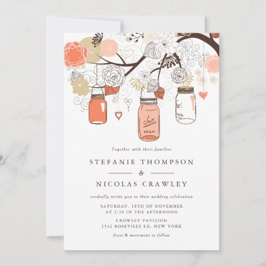 Peach Orange Hanging Mason Jars Wedding Einladung (Vorderseite)