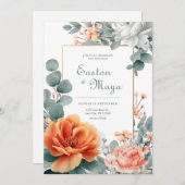 Peach Orange Peony Eucalyptus Gold Frame Einladung (Vorne/Hinten)