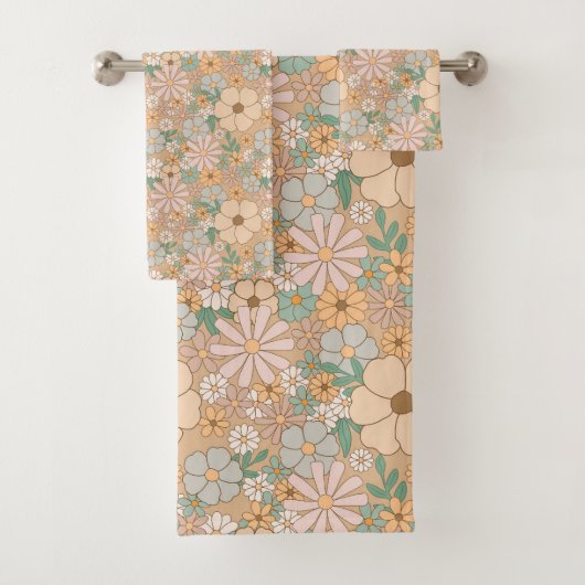 Peach Orange Pink Grau Floral Badhandtuch Set (Insitu)