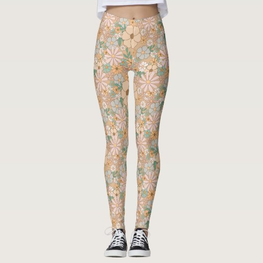 Peach Orange Pink Grau Floral Leggings (Vorderseite)