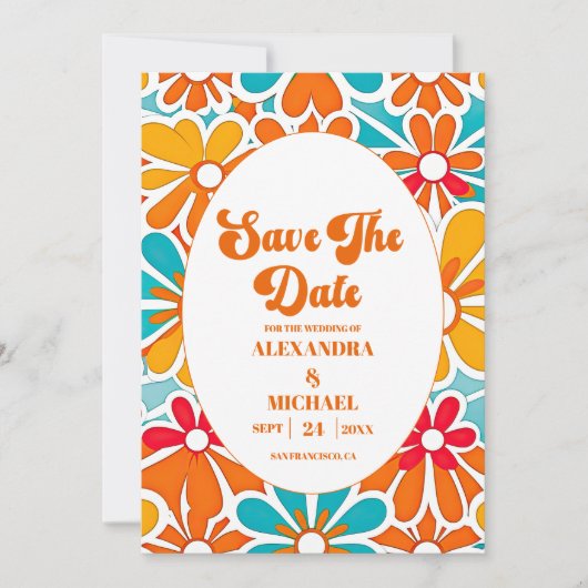 Peach Orange Retro Wave Groovy 70er Wedding Save The Date (Vorderseite)