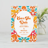 Peach Orange Retro Wave Groovy 70er Wedding Save The Date (Stehend Vorderseite)