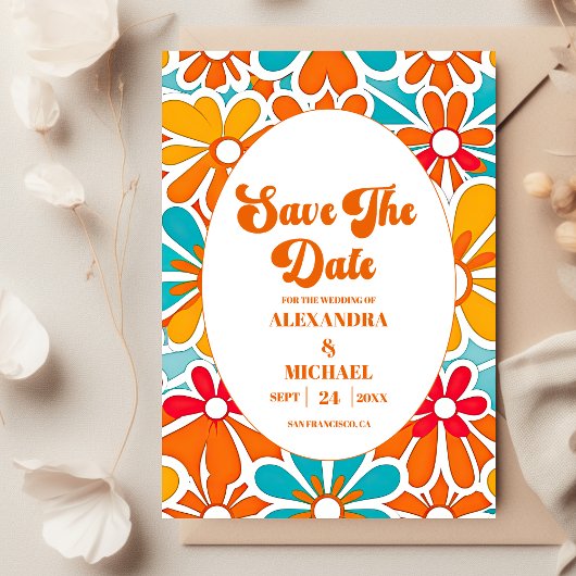 Peach Orange Retro Wave Groovy 70er Wedding Save The Date