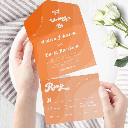 Peach Orange Retro Waves 70er Typografy Wedding All In One Einladung