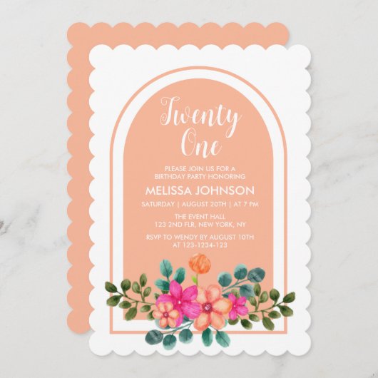 Peach Orange Spring Flora Botanischer 21. Geburtst Einladung (Vorne/Hinten)