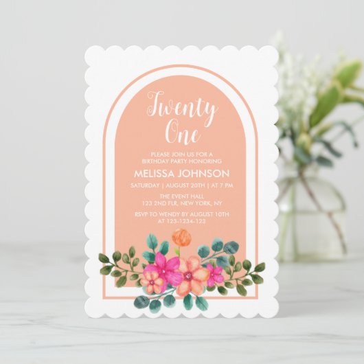 Peach Orange Spring Flora Botanischer 21. Geburtst Einladung (Stehend Vorderseite)