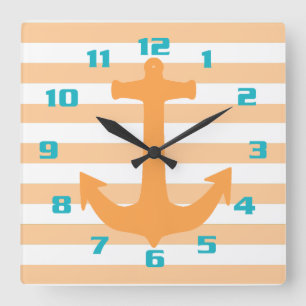 Peach Orange Stripes and Anchor Aquamarine Zahlen Quadratische Wanduhr