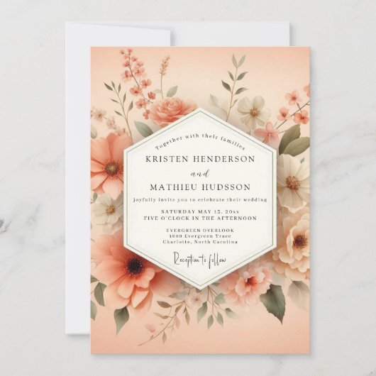 Peach Painterly Bloom Wedding Einladung (Vorderseite)