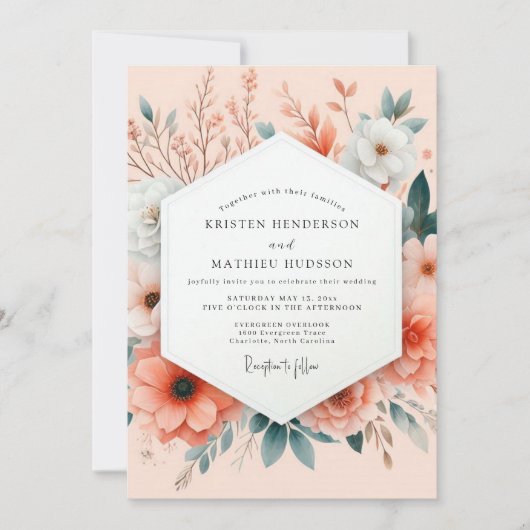 Peach Painterly Botanical Wedding Einladung (Vorderseite)