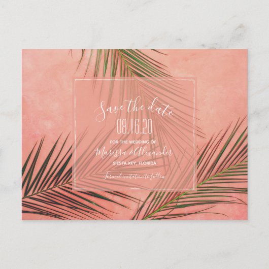 Peach Palm Tree Beach Wedding Save the Dates Postkarte (Vorderseite)