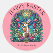 Peach Pastel Bunny Gardener Gestaltete Glas Oster Runder Aufkleber (Vorderseite)