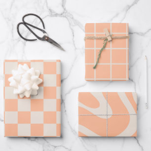 Peach Pastel Minimalistisch Karo Line Swirl Muster Geschenkpapier Set