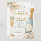 Peach Pearls and Prosecco Brautparty Einladung (Vorne/Hinten)