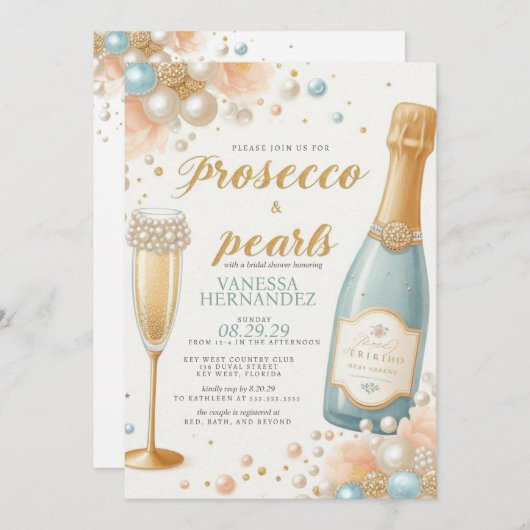 Peach Pearls and Prosecco Brautparty Einladung (Vorne/Hinten)