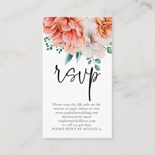 Peach Peonals Florals Script QR Code Wedding RSVP Begleitkarte (Vorderseite)