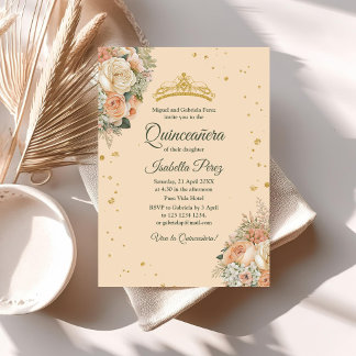 Peach Peonera und Glitzer Tiara Quinceanera Einladung
